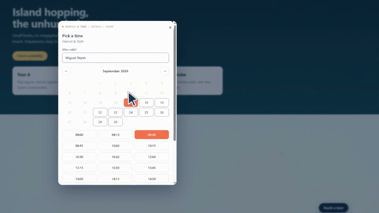 Illustrative Lazavee booking demo showing a date and appointment time selection.